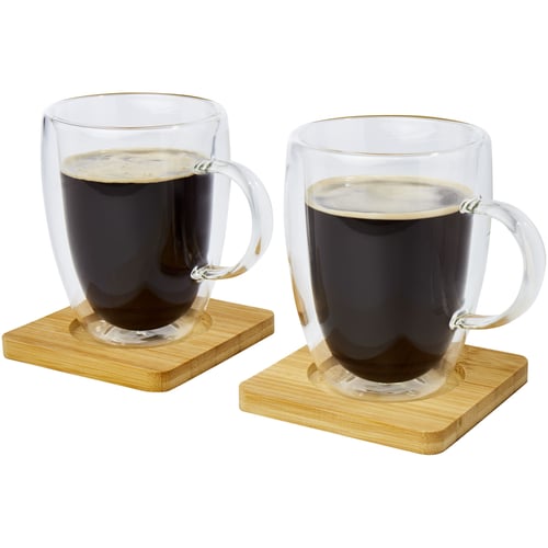 Manti 2-piece 350 ml double-wall glass cup with bamboo coaster 