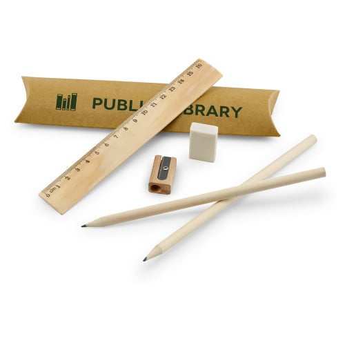 RHOMBUS. School writing set: ruler, pencil, eraser and sharpener