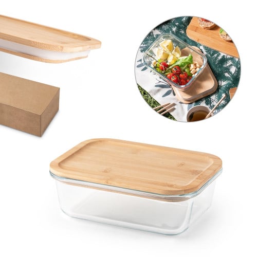 PORTOBELLO. Lunch Box. Hermetic box in borosilicate glass and bamboo lid 1000 mL